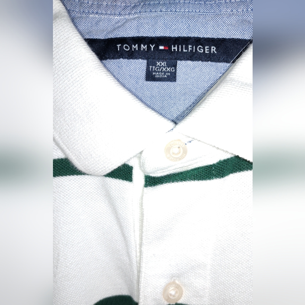 Tommy Hilfiger Men's White/Green Striped Long Sleeve Polo Shirt. - Picture 2 of 10